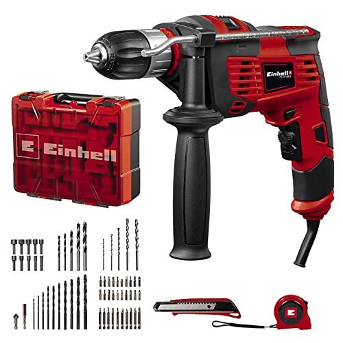 Einhell TC-ID 1000 E Kit +64: Visseuse-perceuse à percussion (1 010 W, variateur électronique, mandrin auto-serrant 13 mm, fréquence de frappe 48 000 coups/min) avec kit de 64 accessoires et coffret